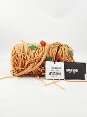 Moschino Spaghetti Clutch Shoulder Bag In Beige With Tomato And Basil Details